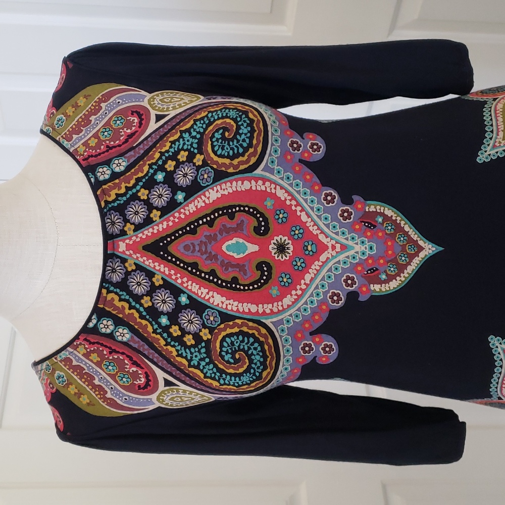 Vintage Black Boho Paisley Dress Tunic Jewel Tone Floral 3/4 Sleeve | SIZE SMALL - Picture 6 of 17